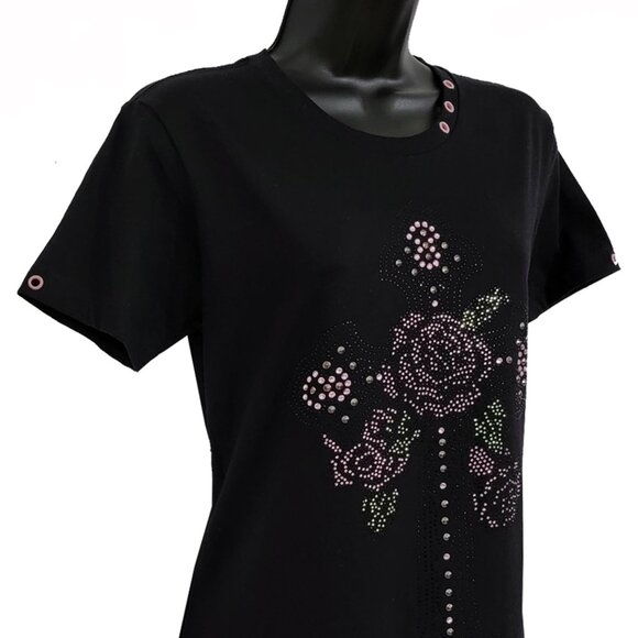 Rose Cross Women's Black Crew T-shirt - Picture 3 of 7